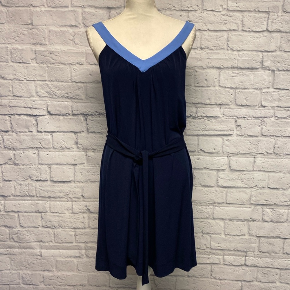 Banana Republic Factory Navy Blue Dress with Light Blue Trim and Tie Belt Size M